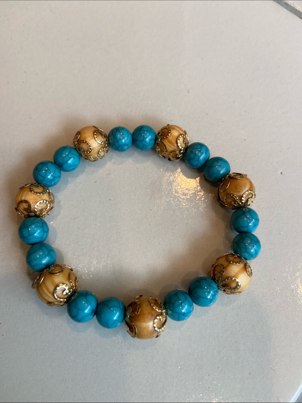 Turquoise and Beige Beaded Stretch Bracelet - Unbranded